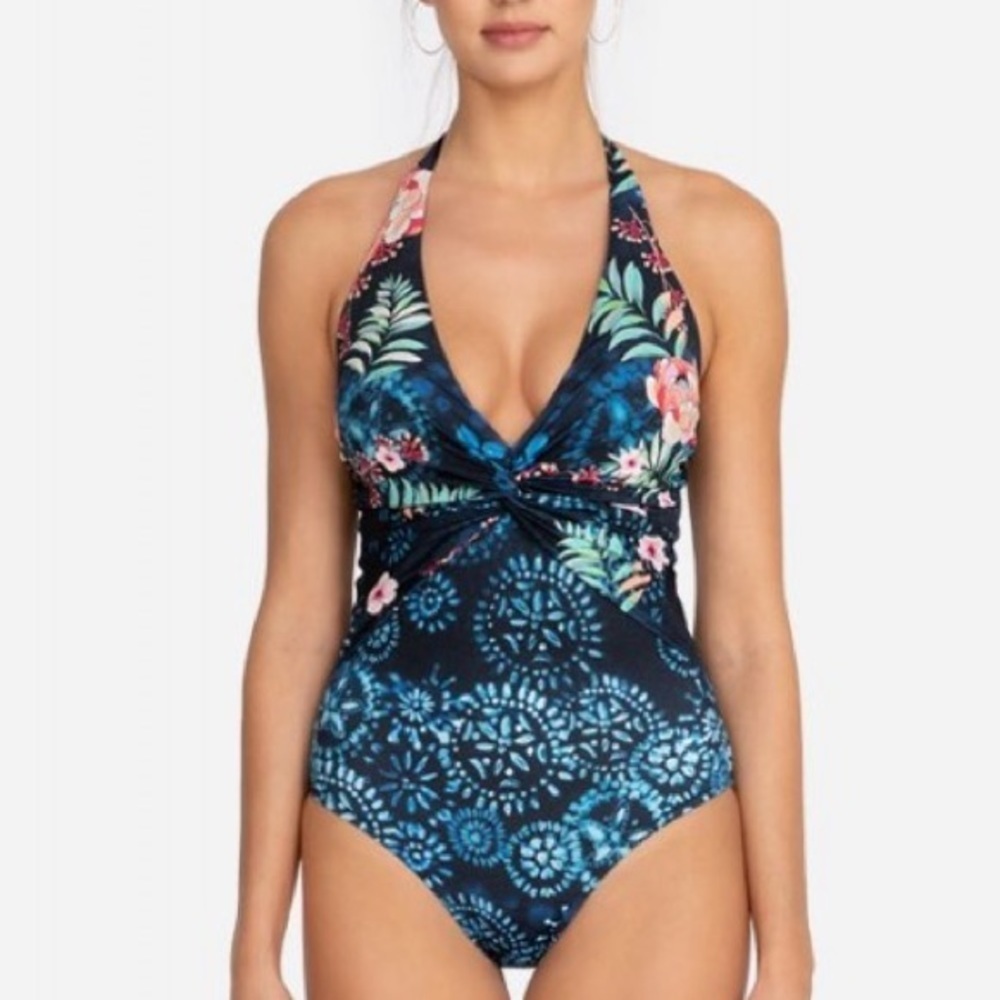 JOHNNY WAS ANNIA TWIST HALTER ONE PIECE SWIMSUIT SMALL
